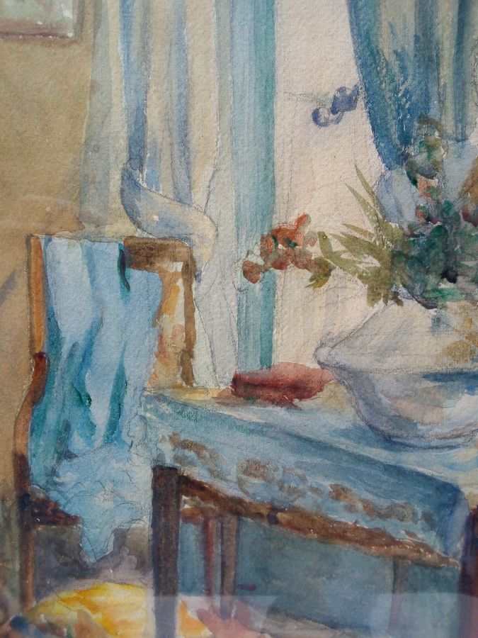 Antique Watercolour on signed paper, intimate interior, second half of the 20th century