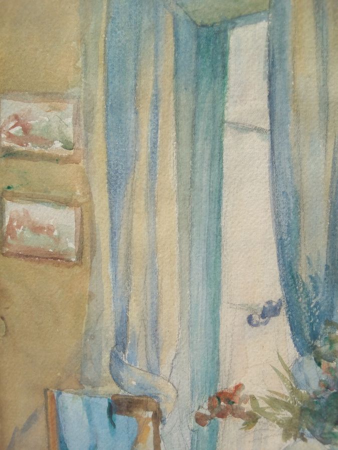 Antique Watercolour on signed paper, intimate interior, second half of the 20th century