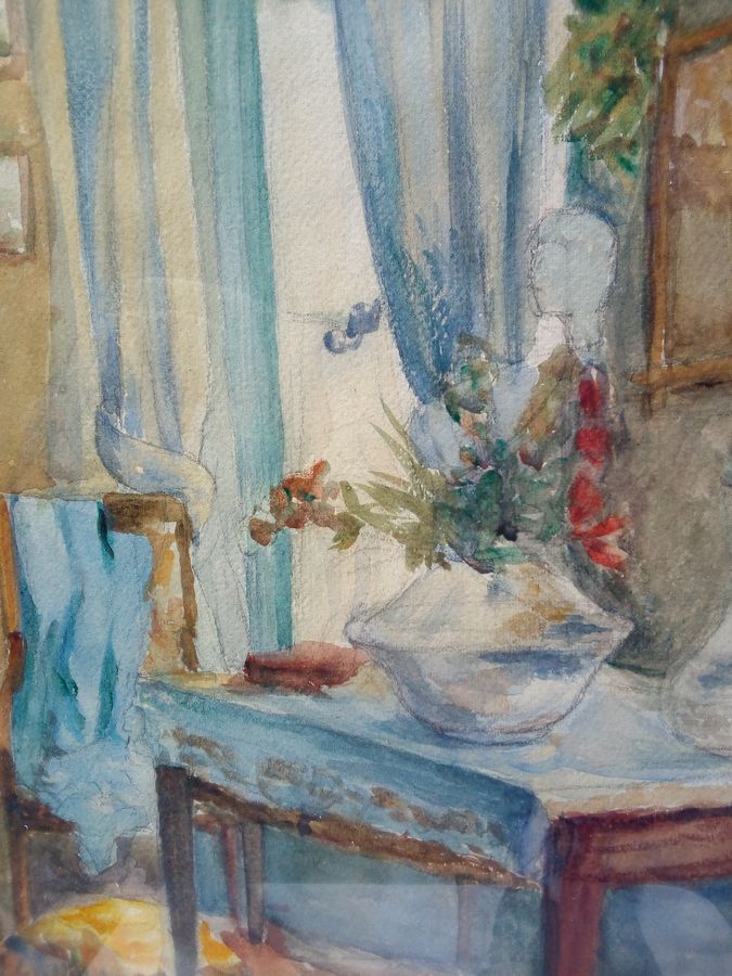 Antique Watercolour on signed paper, intimate interior, second half of the 20th century