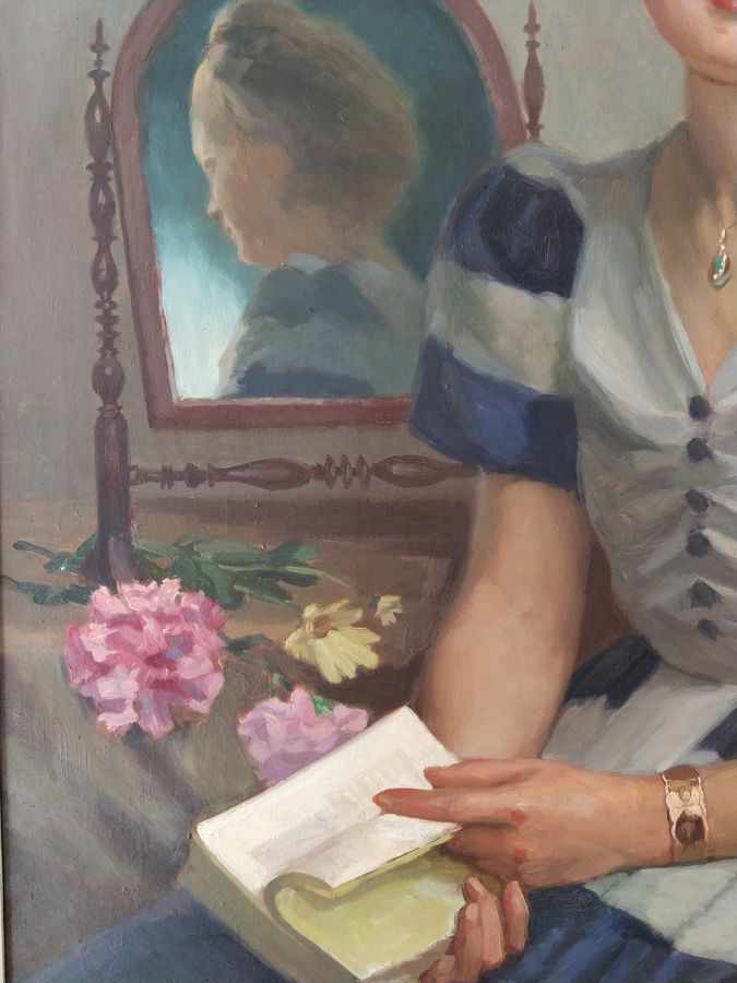 Antique Oil painting on canvas by Raymond Lheureux (1890-1965), 'Françoise', daughter of the artist circa 1940