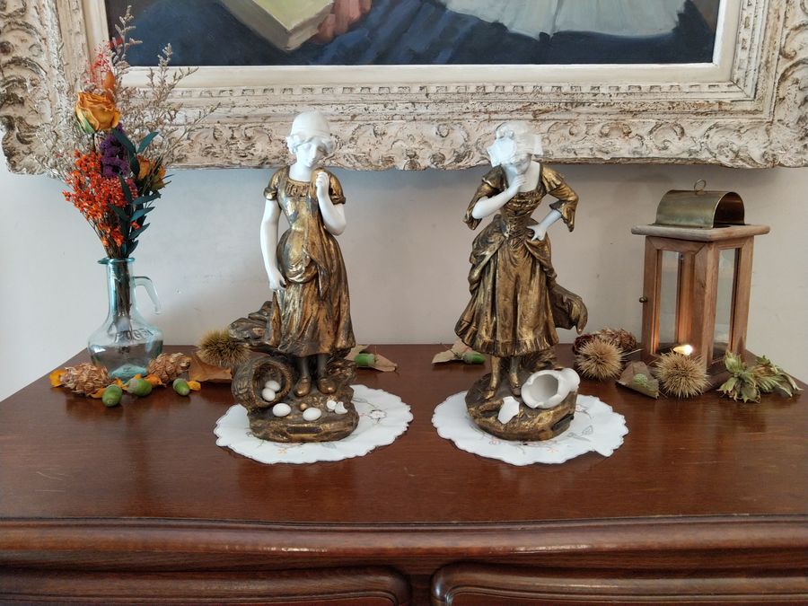 Antique Pair of gold patina statues signed MEDNOT, Art Nouveau 1900