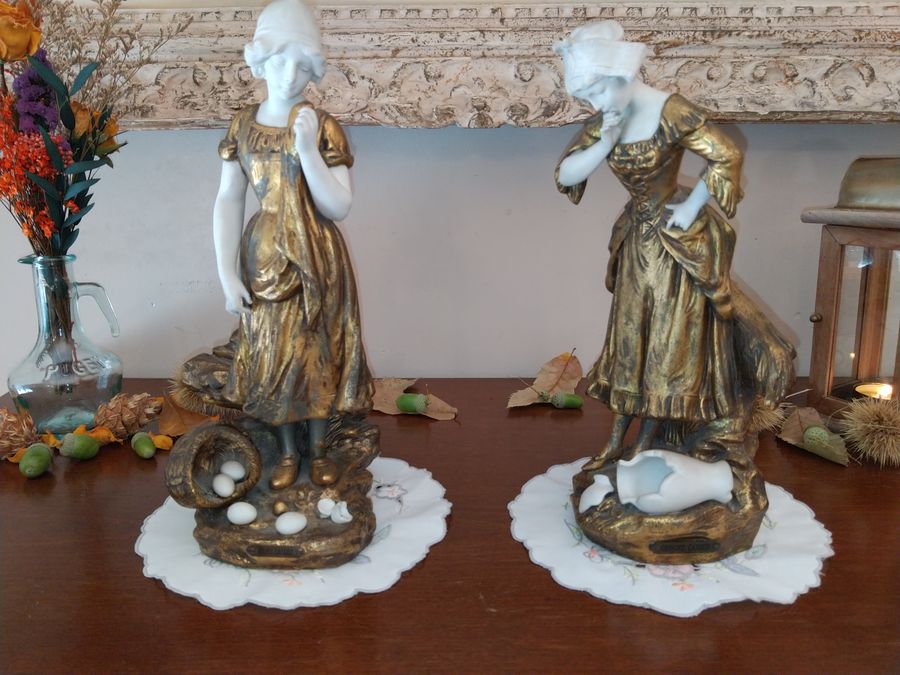 Antique Pair of gold patina statues signed MEDNOT, Art Nouveau 1900