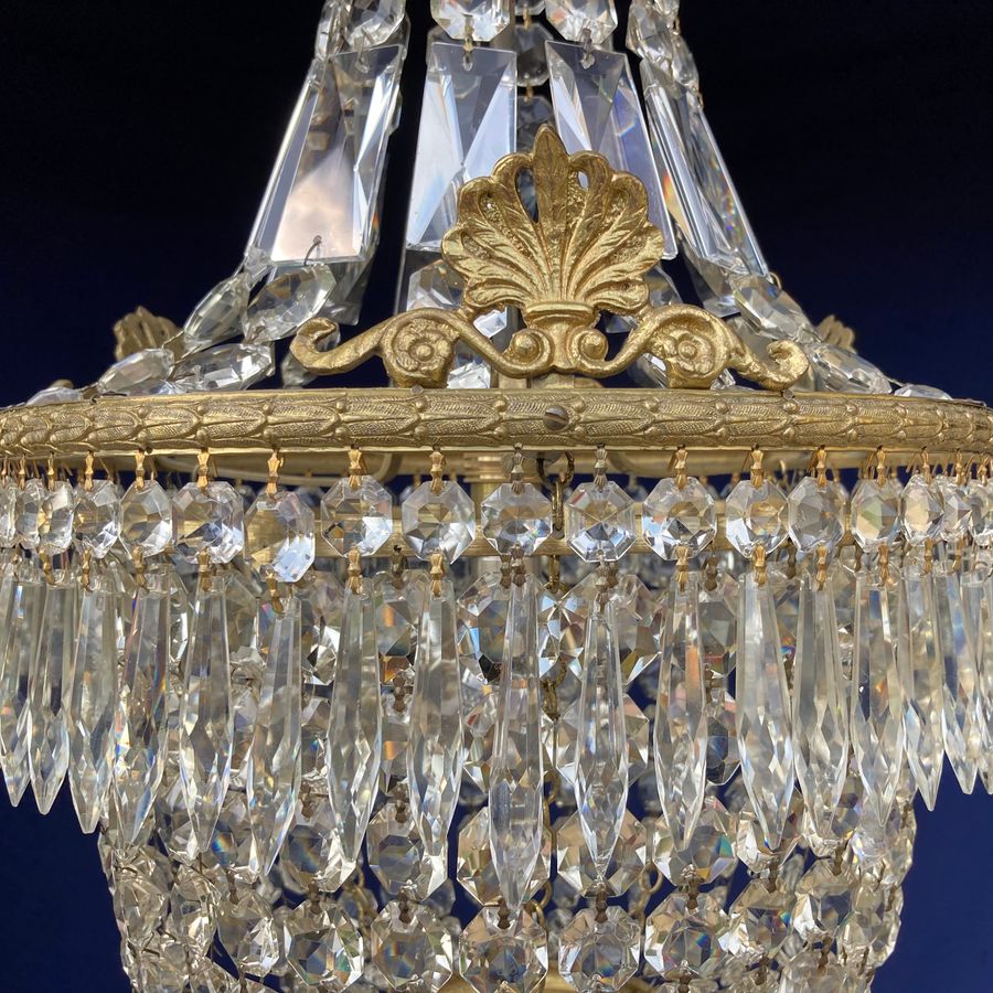 Antique Edwardian Empire Style Cut Glass & Cast Brass Chandelier