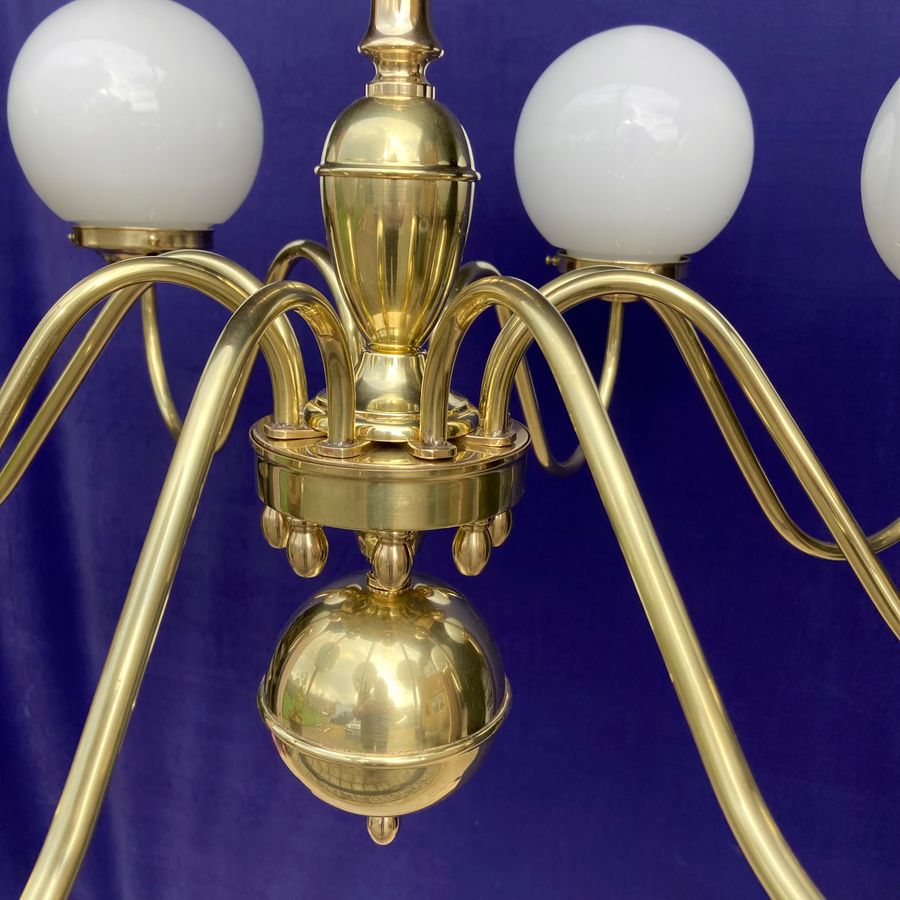 Antique 8-Arm Brass Electrolier with Spherical Pearl-Glass Shades