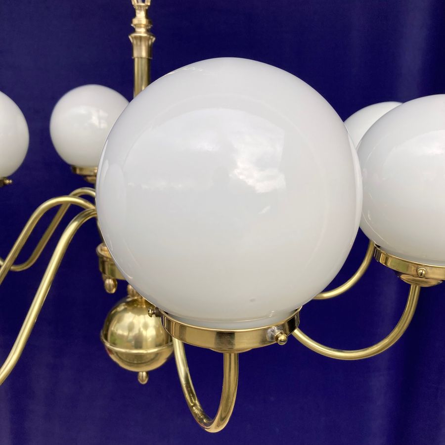 Antique 8-Arm Brass Electrolier with Spherical Pearl-Glass Shades