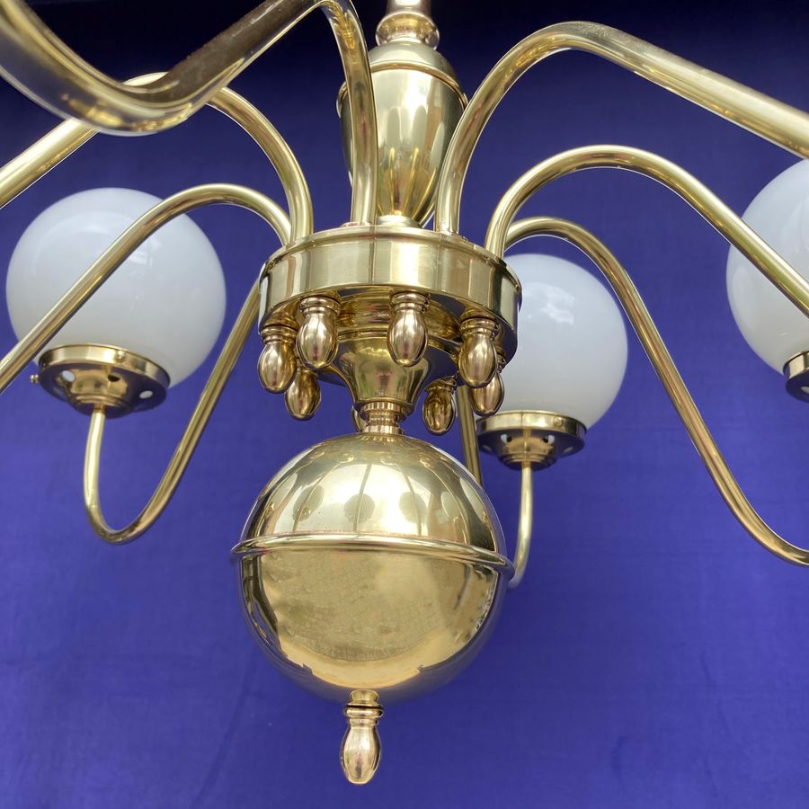 Antique 8-Arm Brass Electrolier with Spherical Pearl-Glass Shades