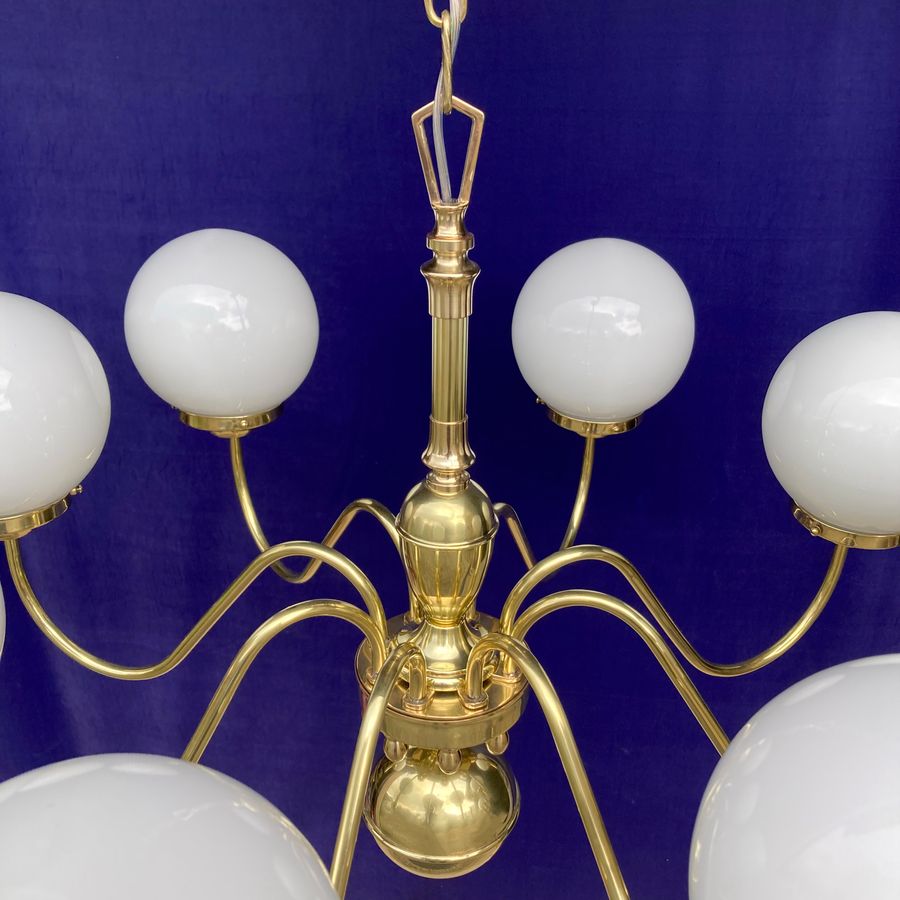 Antique 8-Arm Brass Electrolier with Spherical Pearl-Glass Shades