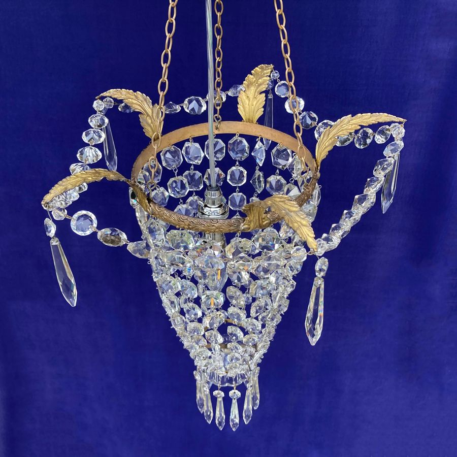 Antique Edwardian Bag Chandelier on Gilt Pressed Brass Frame