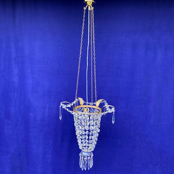 Antique Edwardian Bag Chandelier on Gilt Pressed Brass Frame