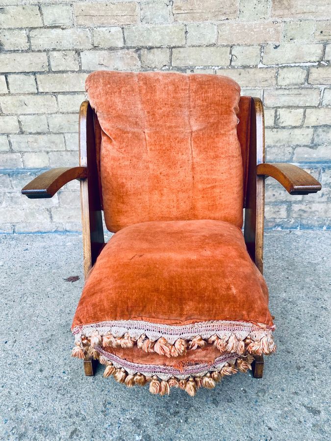 Antique A Liberty & Co. upholstered low chair by William Birch & co.