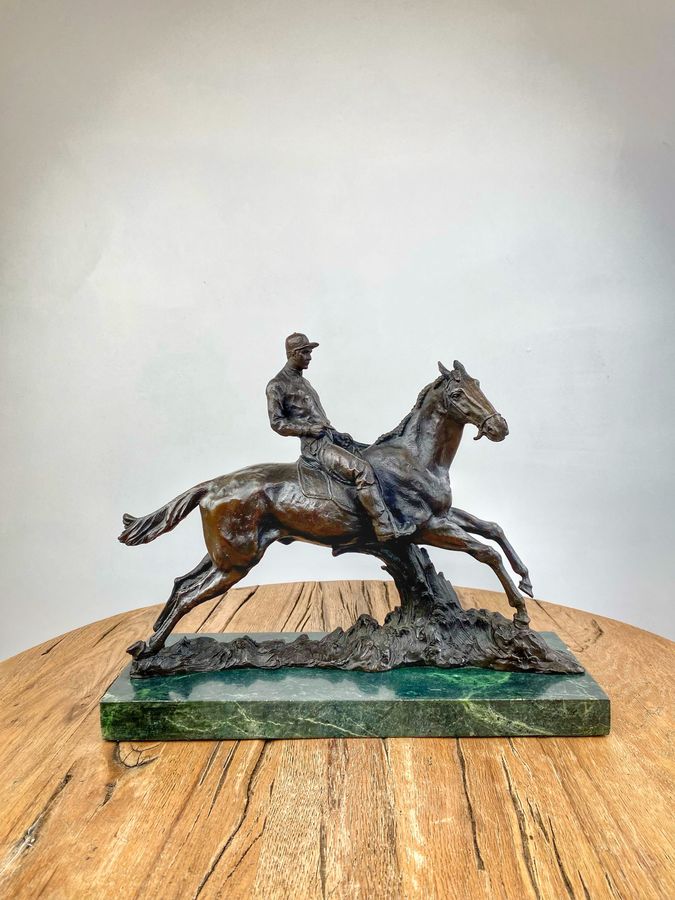 Antique Bronze Statue On Marble Base of Horse and Jockey