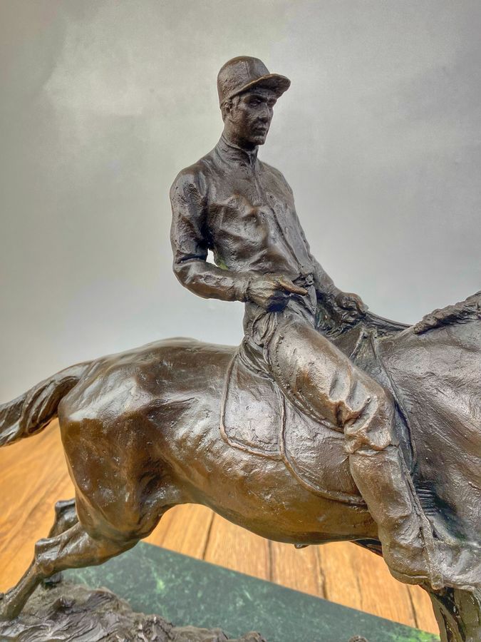 Antique Bronze Statue On Marble Base of Horse and Jockey