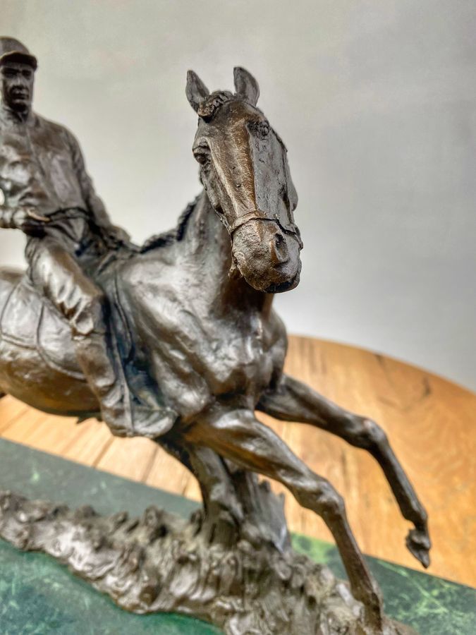 Antique Bronze Statue On Marble Base of Horse and Jockey