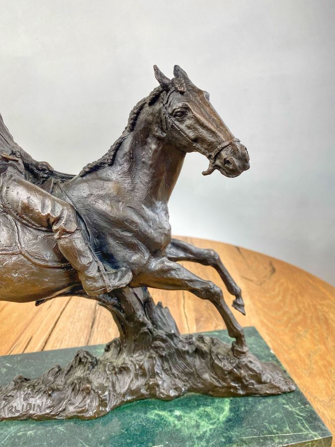 Antique Bronze Statue On Marble Base of Horse and Jockey