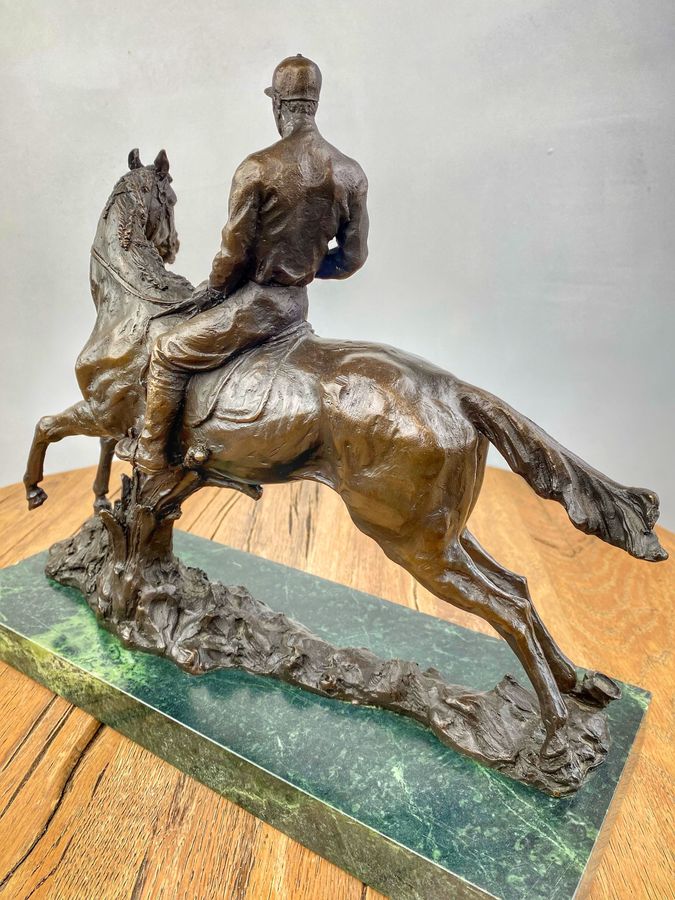 Antique Bronze Statue On Marble Base of Horse and Jockey