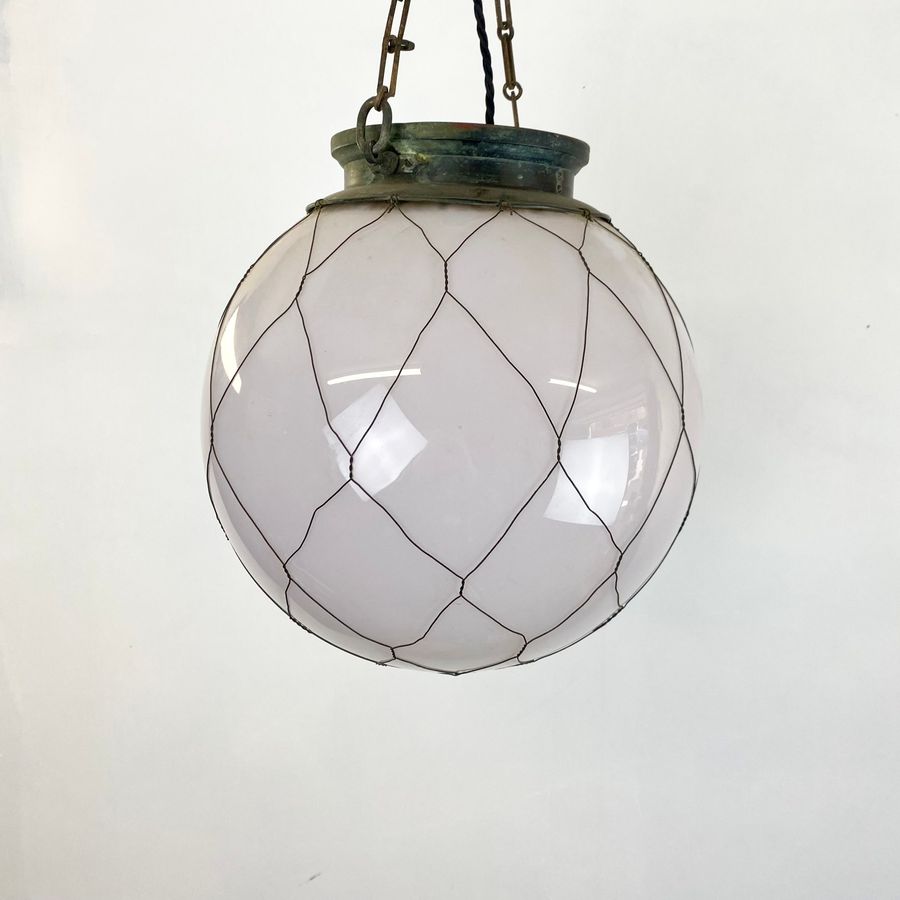 Large Opaline Early 20th Century Brass And Copper Caged Ceiling Pendan