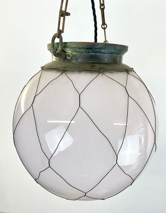 Antique Large Opaline Early 20th Century Brass And Copper Caged Ceiling Pendan