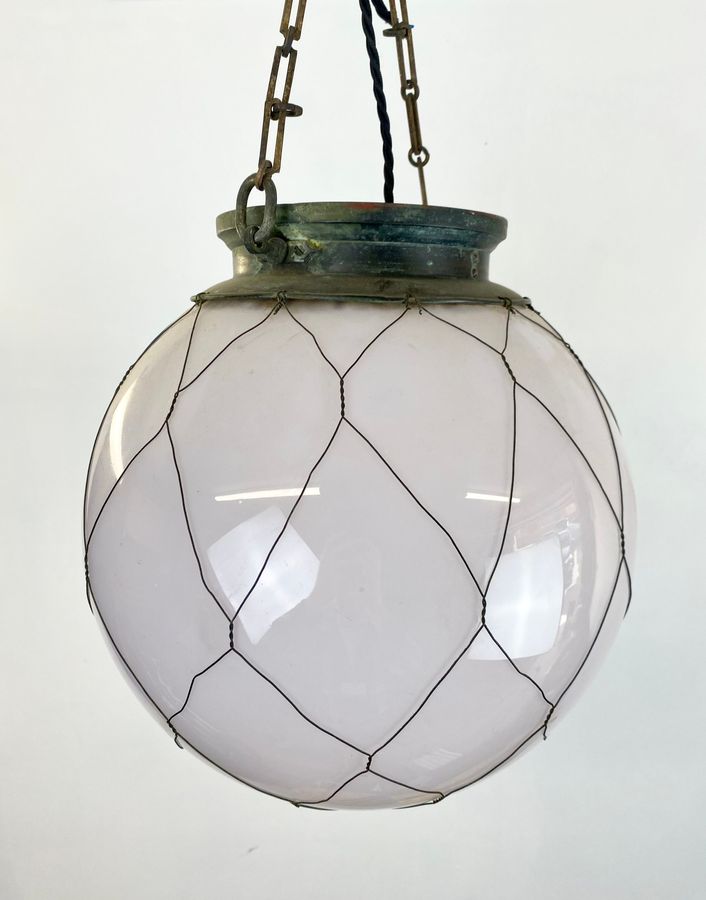 Antique Large Opaline Early 20th Century Brass And Copper Caged Ceiling Pendan