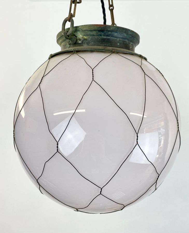 Antique Large Opaline Early 20th Century Brass And Copper Caged Ceiling Pendan