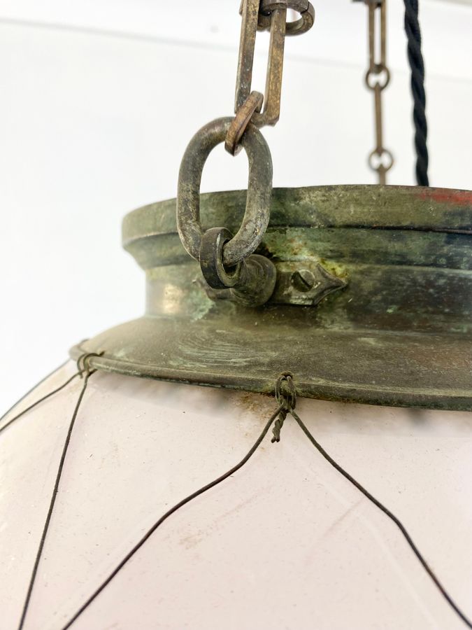 Antique Large Opaline Early 20th Century Brass And Copper Caged Ceiling Pendan