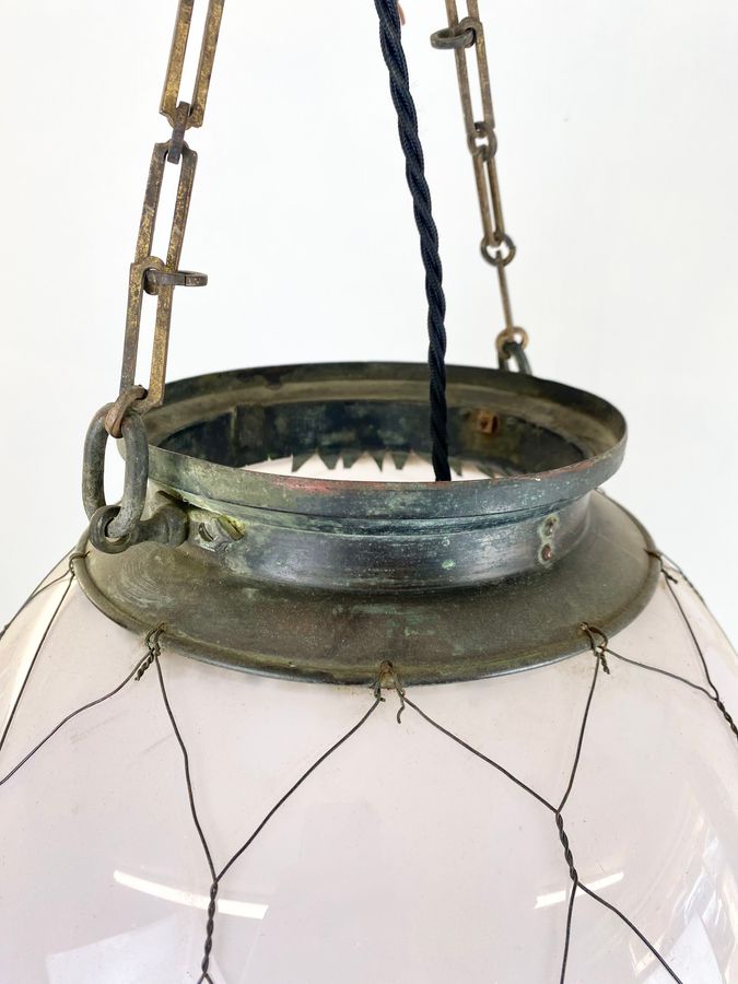 Antique Large Opaline Early 20th Century Brass And Copper Caged Ceiling Pendan