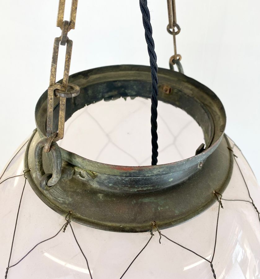 Antique Large Opaline Early 20th Century Brass And Copper Caged Ceiling Pendan