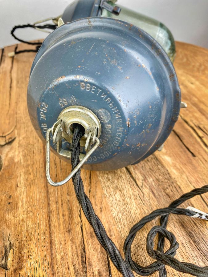 Antique Pair Of Blue Industrial Soviet Era Vintage Hanging Lights, 1970s