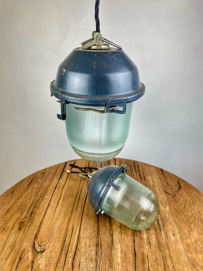 Antique Pair Of Blue Industrial Soviet Era Vintage Hanging Lights, 1970s