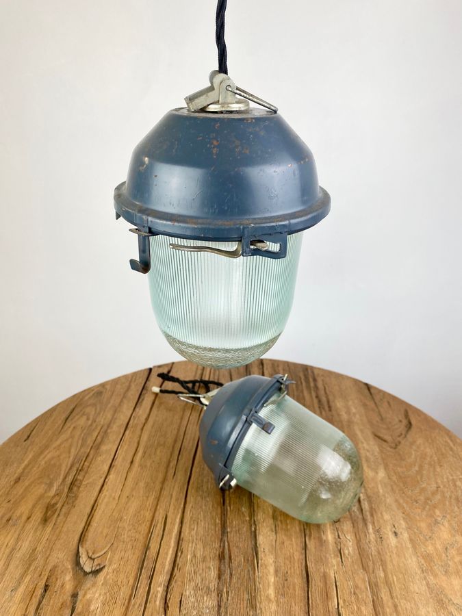 Antique Pair Of Blue Industrial Soviet Era Vintage Hanging Lights, 1970s