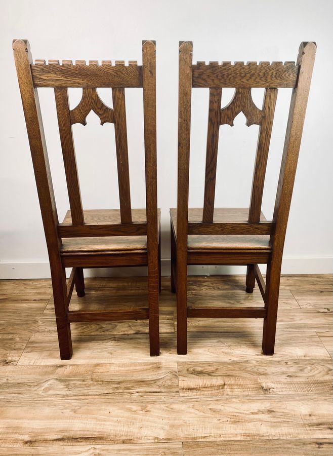 Antique Pair Of Gothic Revival Oak Hall Chairs