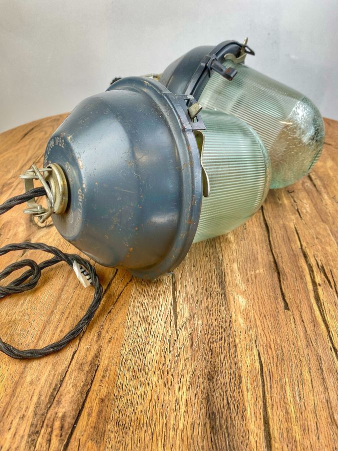 Pair Of Blue Industrial Soviet Era Vintage Hanging Lights, 1970s