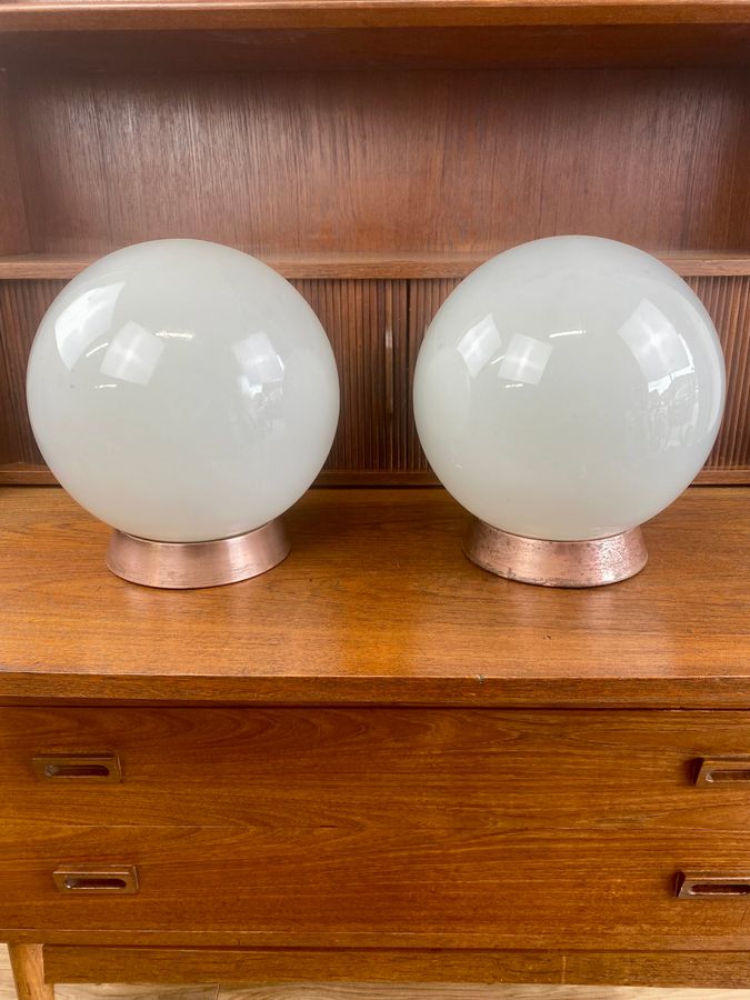 Antique ‘Falks” Pair Of Globe Opaline Pendant Lights