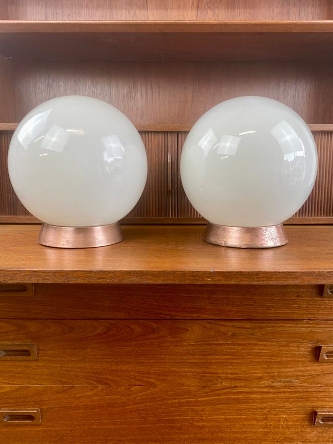 Antique ‘Falks” Pair Of Globe Opaline Pendant Lights