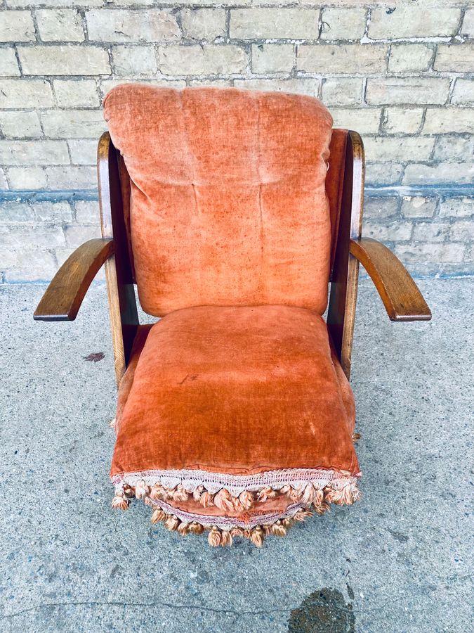 Antique A Liberty & Co. upholstered low chair by William Birch & co.