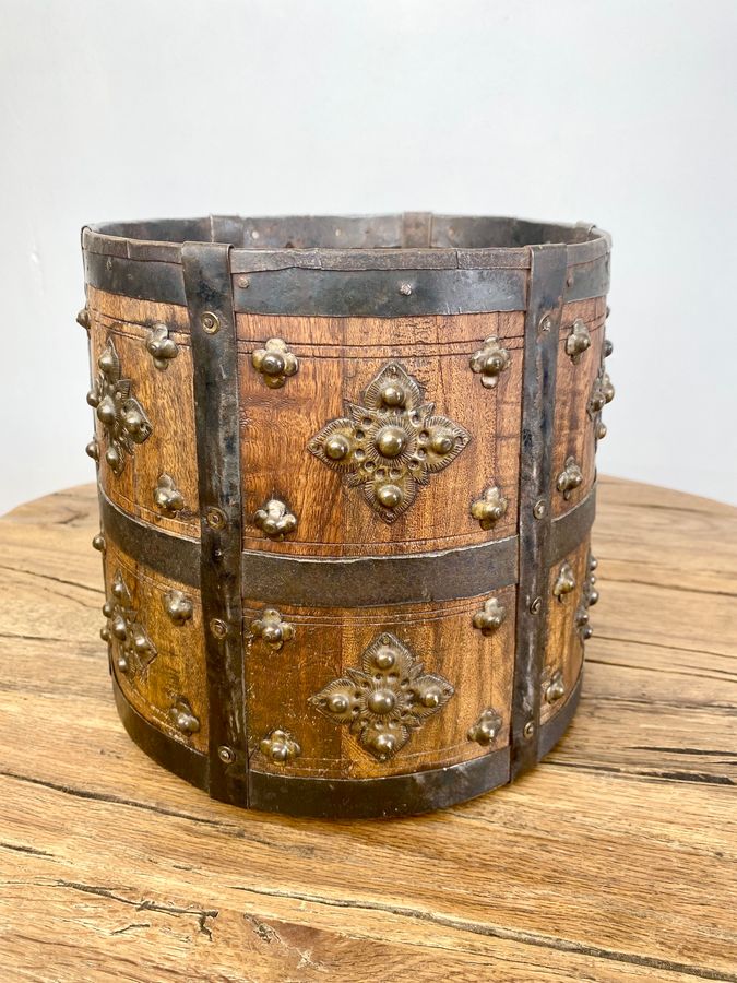 Antique Antique 19c Hand Crafted Wooden Brass Work Grain Measurement Pot Payal