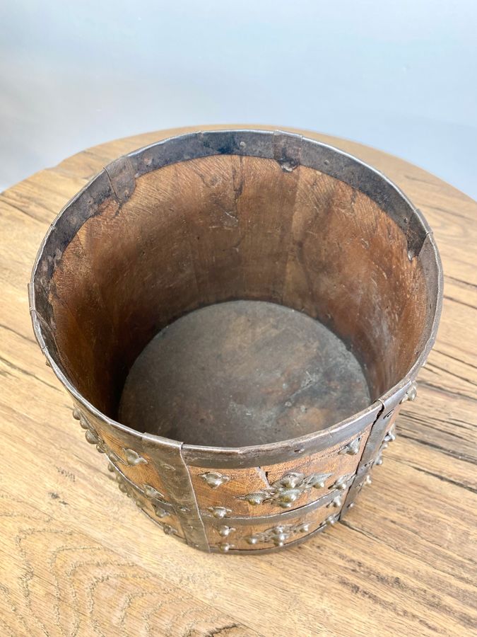 Antique Antique 19c Hand Crafted Wooden Brass Work Grain Measurement Pot Payal