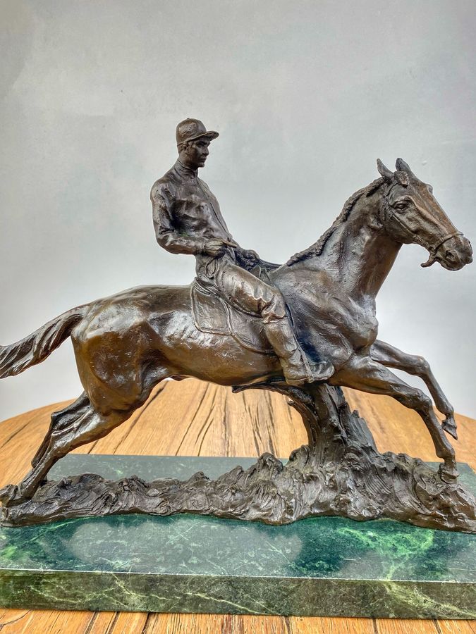 Antique Bronze Statue On Marble Base of Horse and Jockey