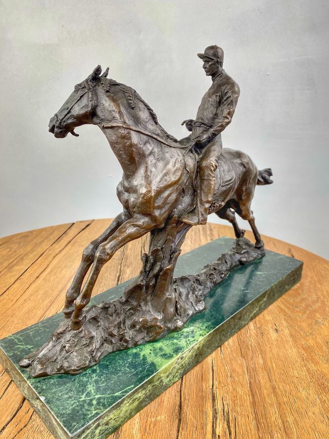 Antique Bronze Statue On Marble Base of Horse and Jockey