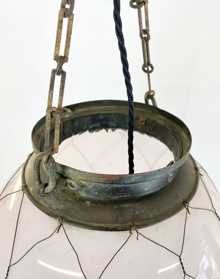 Antique Large Opaline Early 20th Century Brass And Copper Caged Ceiling Pendan