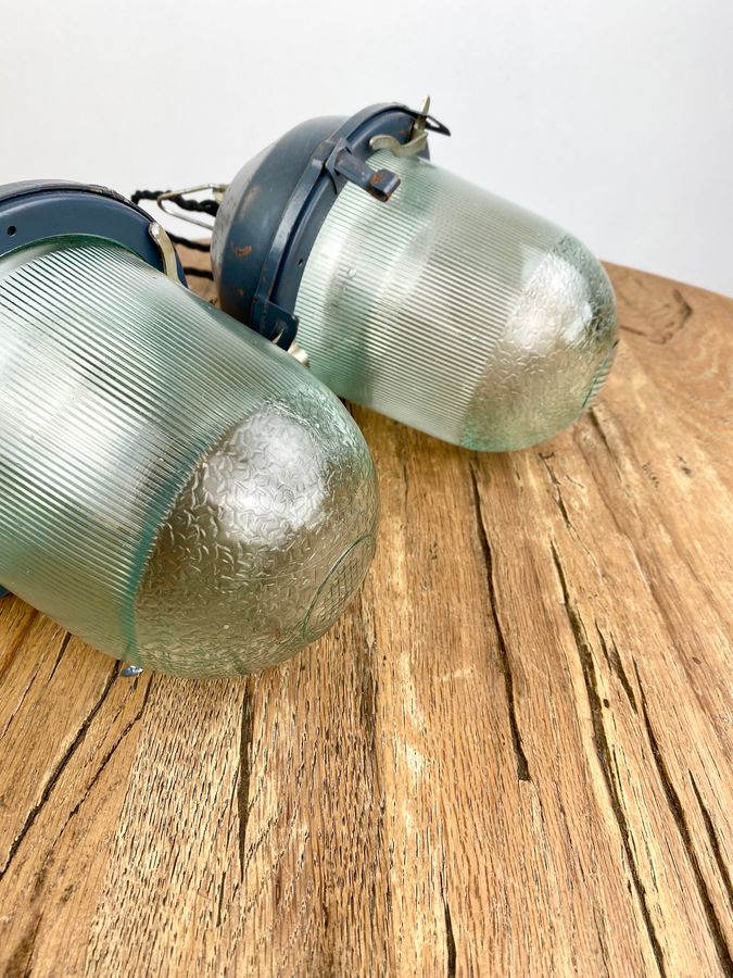 Antique Pair Of Blue Industrial Soviet Era Vintage Hanging Lights, 1970s