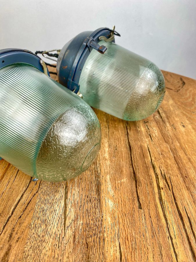 Antique Pair Of Blue Industrial Soviet Era Vintage Hanging Lights, 1970s