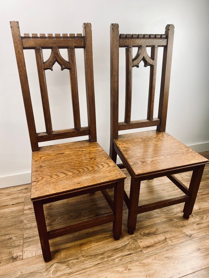 Antique Pair Of Gothic Revival Oak Hall Chairs