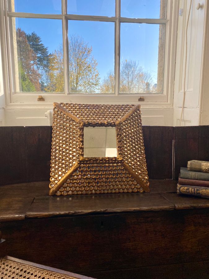 Antique Spanish Colonial Gilt Carved Wood Mirror with Mosaic Mirror Inlays