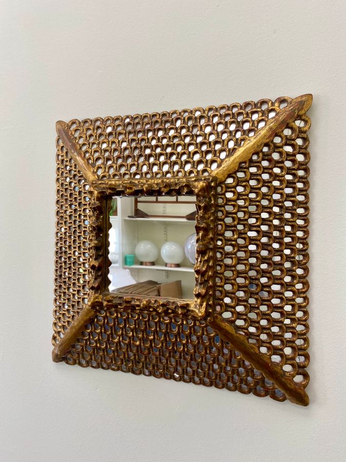 Antique Spanish Colonial Gilt Carved Wood Mirror with Mosaic Mirror Inlays