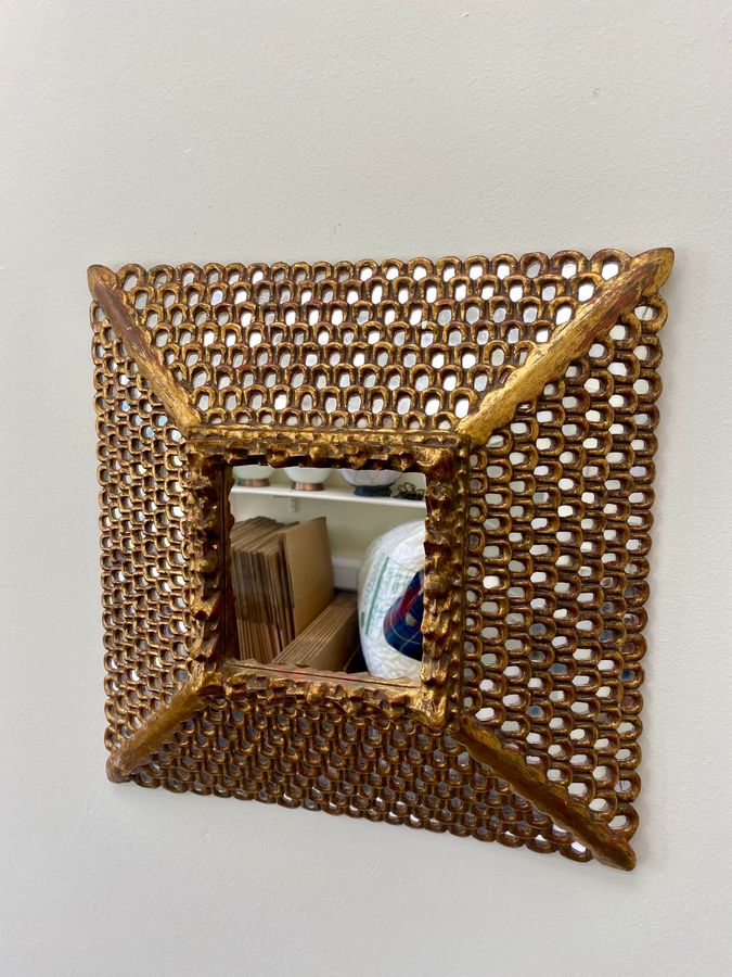 Antique Spanish Colonial Gilt Carved Wood Mirror with Mosaic Mirror Inlays