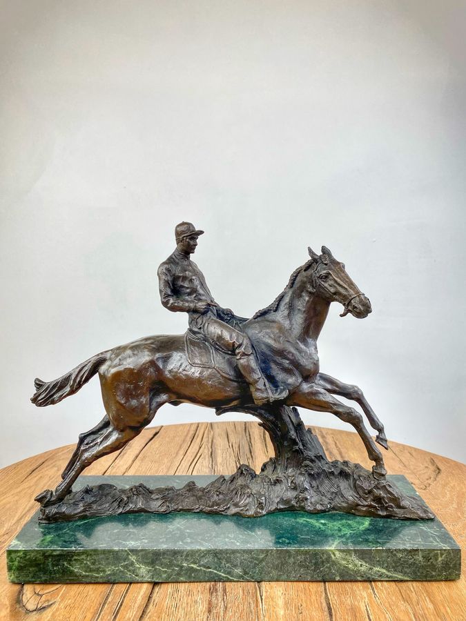 Bronze Statue On Marble Base of Horse and Jockey