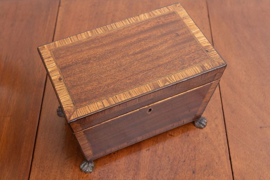 Antique A fine Georgian mahogany tea caddy on brass paw feet.