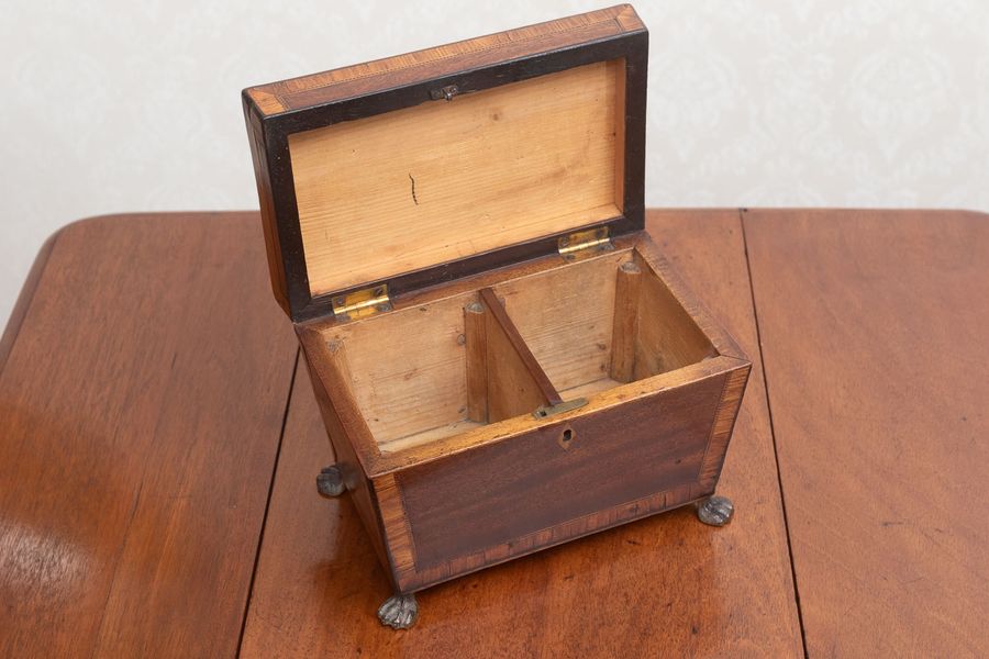 Antique A fine Georgian mahogany tea caddy on brass paw feet.