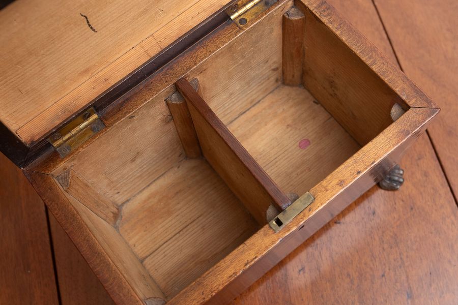 Antique A fine Georgian mahogany tea caddy on brass paw feet.