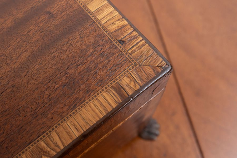 Antique A fine Georgian mahogany tea caddy on brass paw feet.